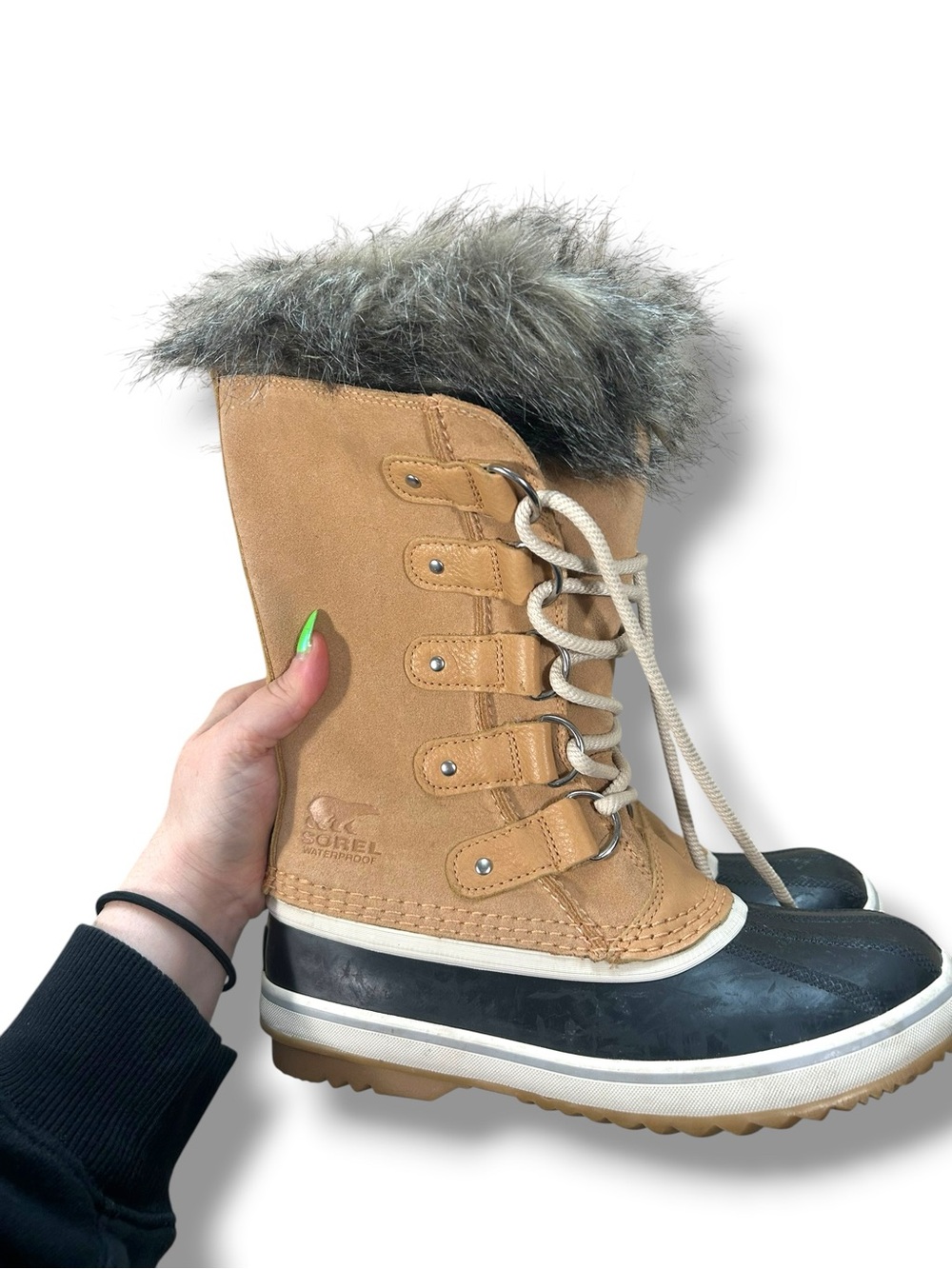 Sorel Tan Brown Joan of Arctic Waterproof Winter Boots Faux Fur Trim Size 6.5
